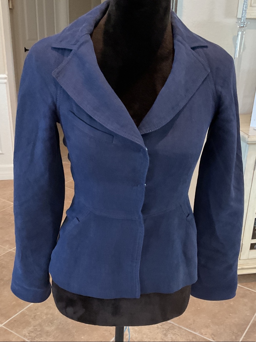 Alberta Ferretti linen blend 3 snap front jacket, navy, size 2